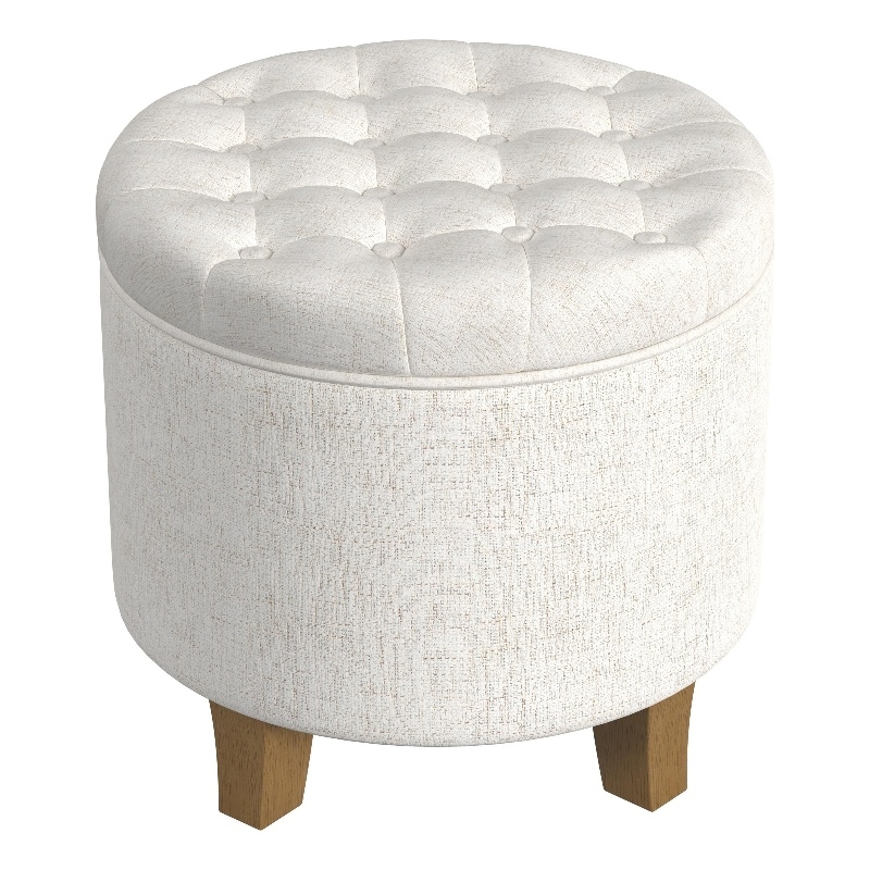 Benjara Wes Round Storage Ottoman- Cream Woven Fabric- Hardwood- 19 Inch