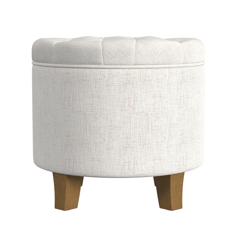 Benjara Wes Round Storage Ottoman- Cream Woven Fabric- Hardwood- 19 Inch