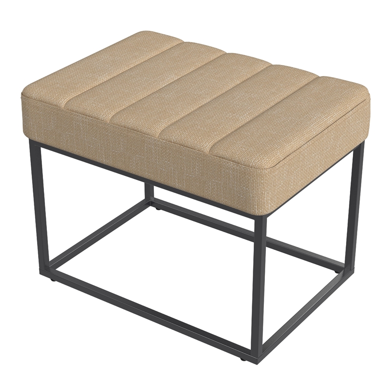Benjara Kai Ottoman Footstool- Light Brown Woven Fabric- Black Metal- 22 Inch