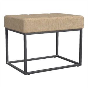 Benjara Kai Ottoman Footstool- Light Brown Woven Fabric- Black Metal- 22 Inch
