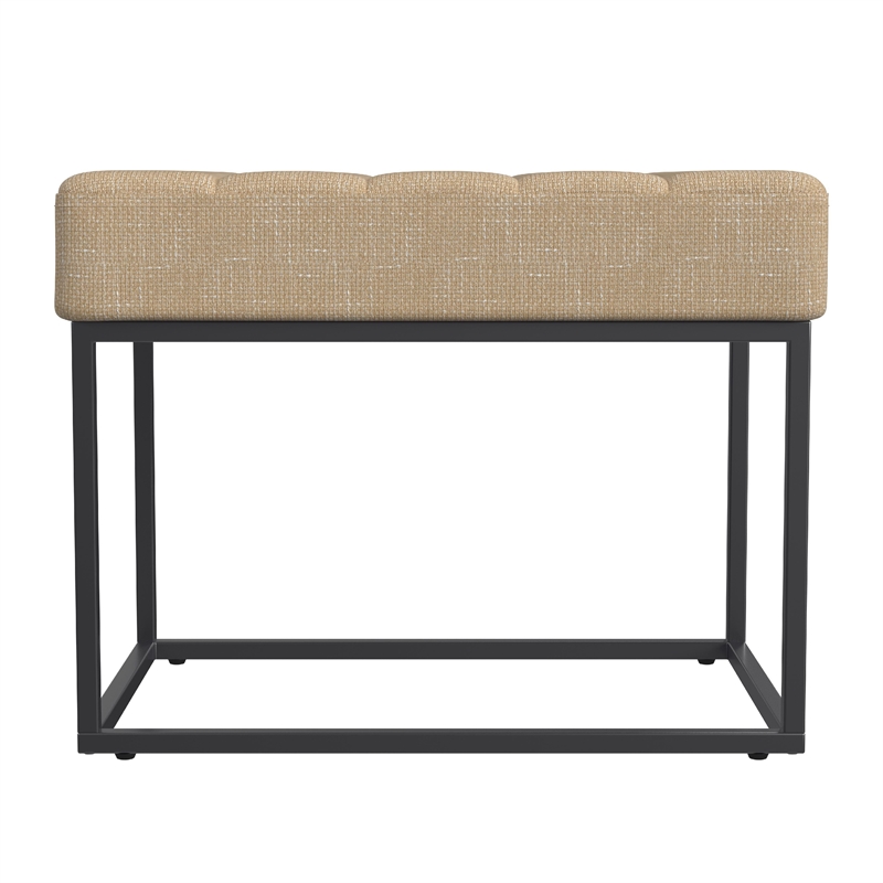 Benjara Kai Ottoman Footstool- Light Brown Woven Fabric- Black Metal- 22 Inch