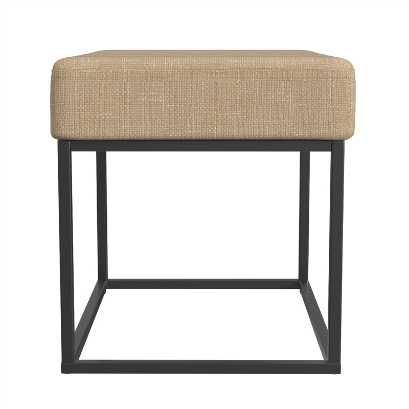 Benjara Kai Ottoman Footstool- Light Brown Woven Fabric- Black Metal- 22 Inch