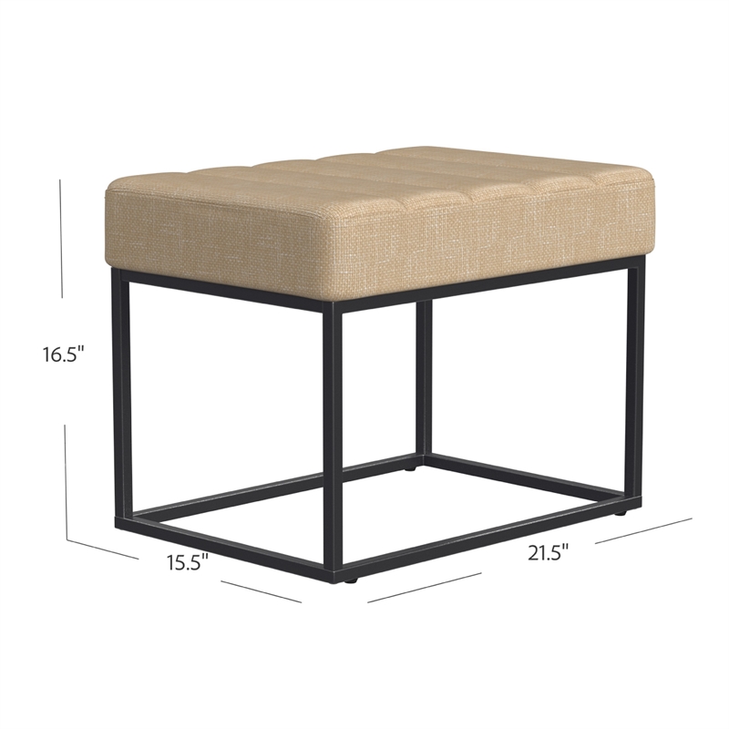 Benjara Kai Ottoman Footstool- Light Brown Woven Fabric- Black Metal- 22 Inch
