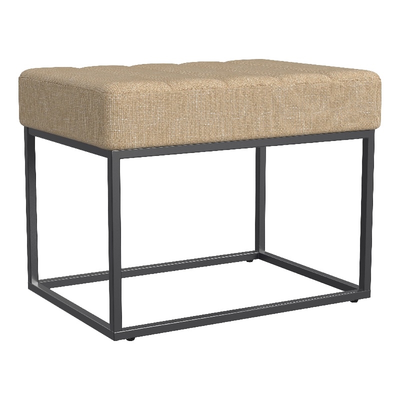 Benjara Kai Ottoman Footstool- Light Brown Woven Fabric- Black Metal- 22 Inch