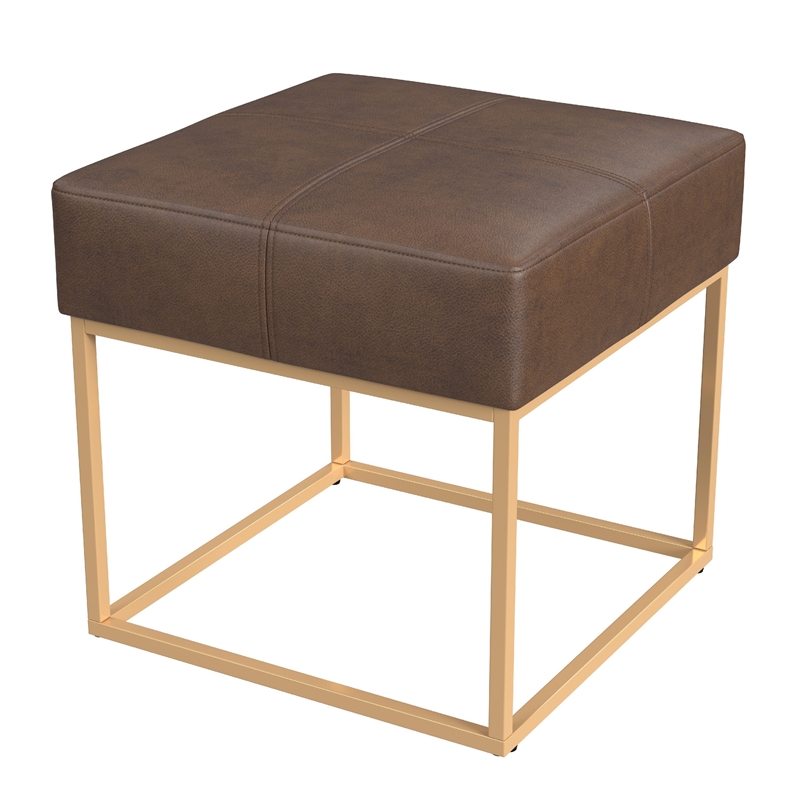 Benjara Kai Ottoman Footstool- Brown Faux Leather- Gold Metal- 18