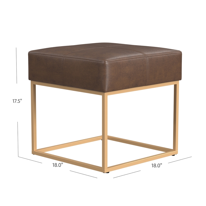 Benjara Kai Ottoman Footstool- Brown Faux Leather- Gold Metal- 18