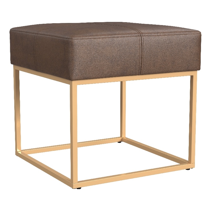 Benjara Kai Ottoman Footstool- Brown Faux Leather- Gold Metal- 18