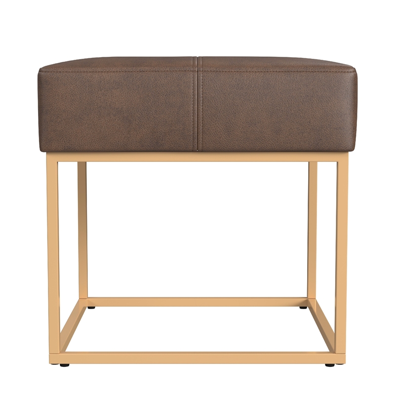 Benjara Kai Ottoman Footstool- Brown Faux Leather- Gold Metal- 18