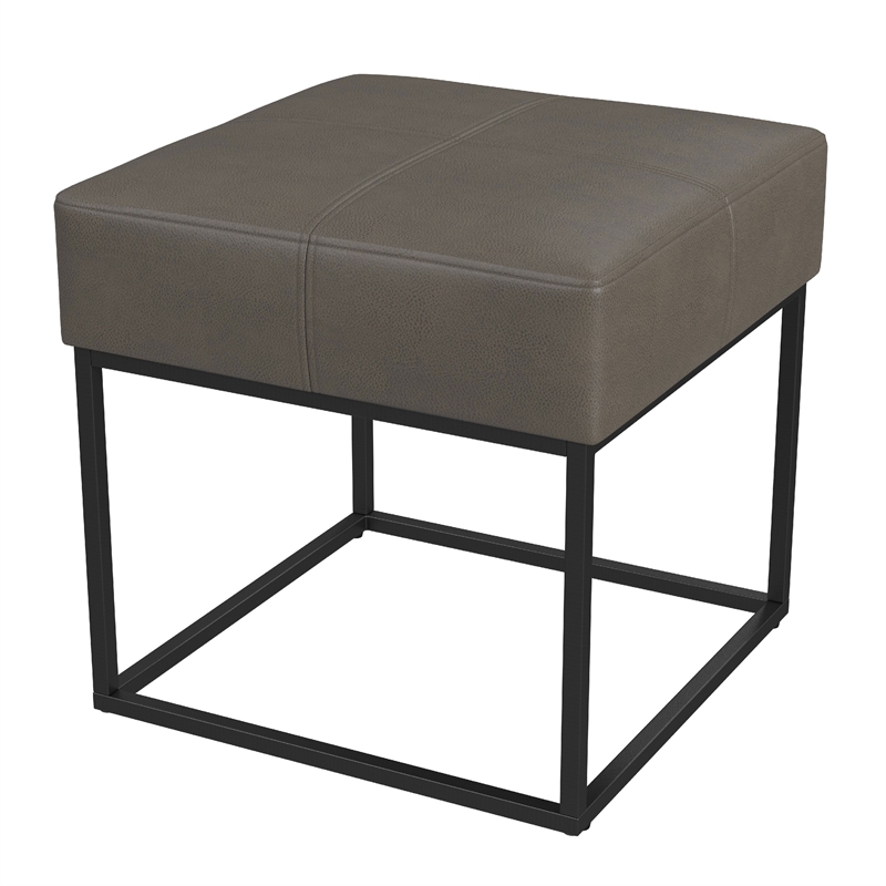 Benjara Kai Ottoman Footstool- Gray Faux Leather- Black Metal- 18