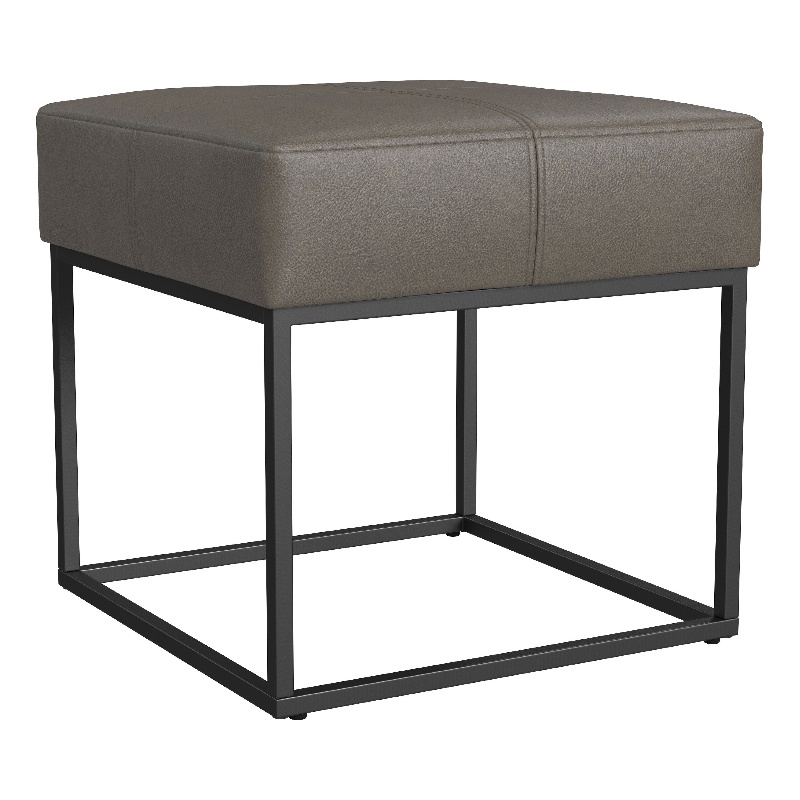Benjara Kai Ottoman Footstool- Gray Faux Leather- Black Metal- 18