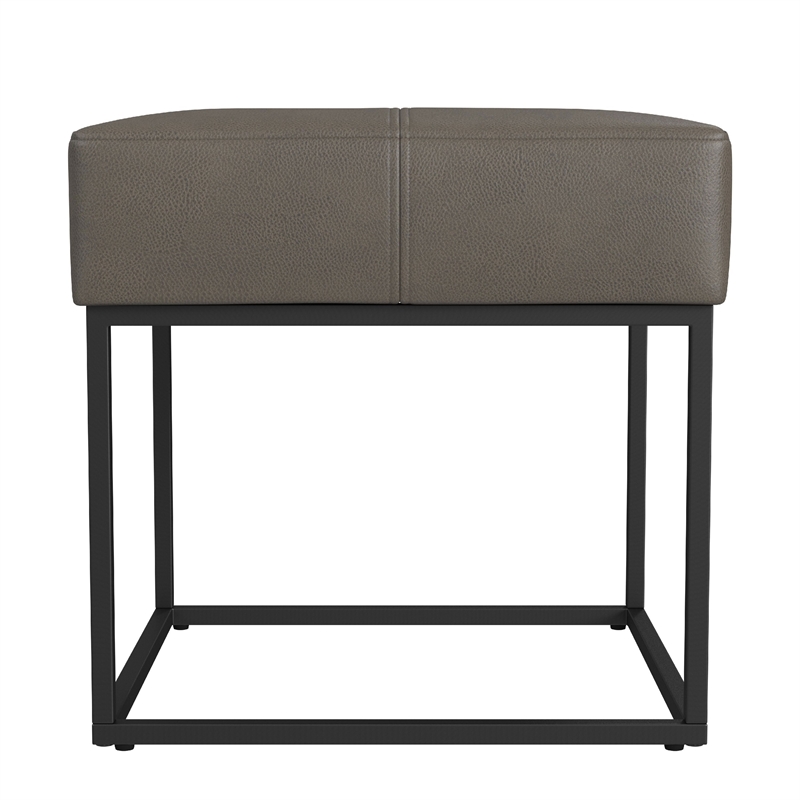 Benjara Kai Ottoman Footstool- Gray Faux Leather- Black Metal- 18