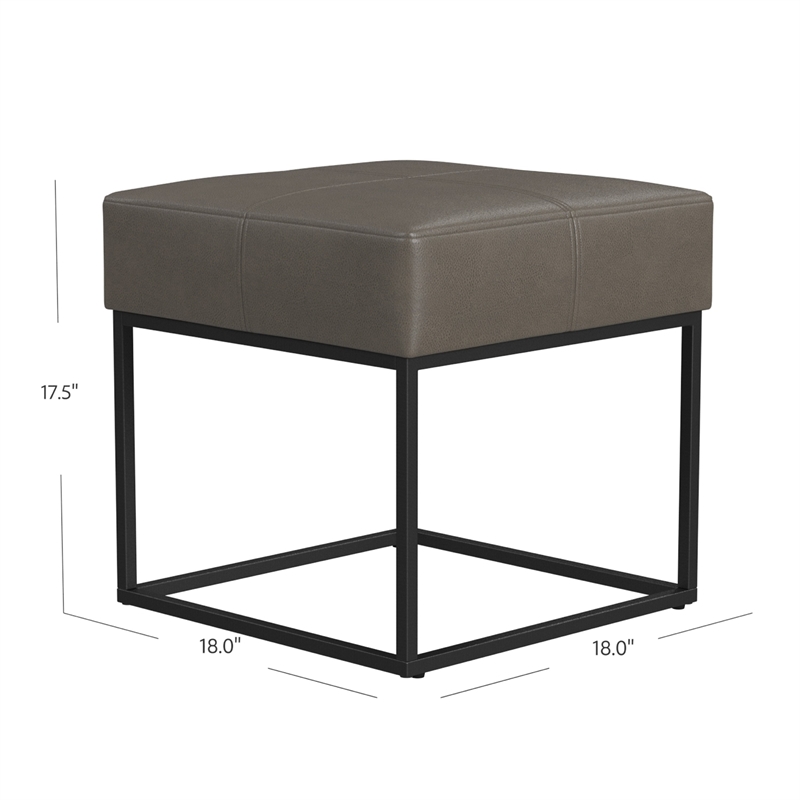 Benjara Kai Ottoman Footstool- Gray Faux Leather- Black Metal- 18