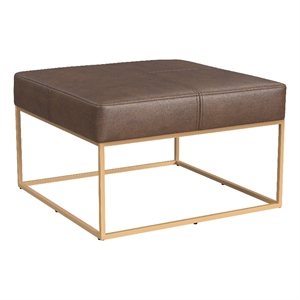 Benjara Kai Ottoman- Brown Faux Leather and Gold Metal- 28&quot Square