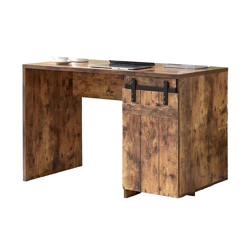 Benjara Fior Home Writing Desk- 47 Inch- Distressed Brown Wood- Faux Barn Door