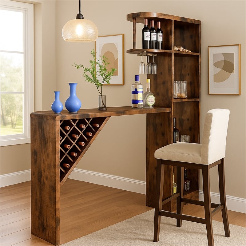 Benjara Bar Height Table- Glass Racks w Bottle Holders- 73