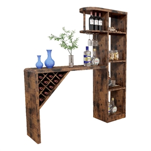 Benjara Bar Height Table- Glass Racks w Bottle Holders- 73&quot Classic Brown