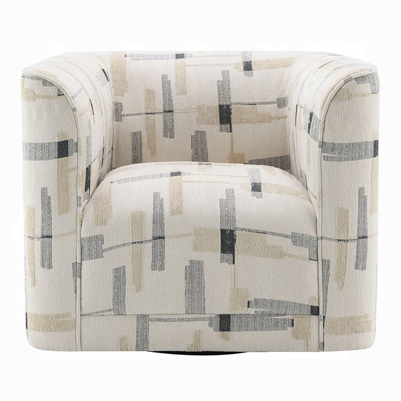 Benjara Lenu Swivel Accent Sofa Chair- Beige Pattern Fabric- Boxy Padded Seat