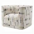 Benjara Lenu Swivel Accent Sofa Chair- Beige Pattern Fabric- Boxy Padded Seat