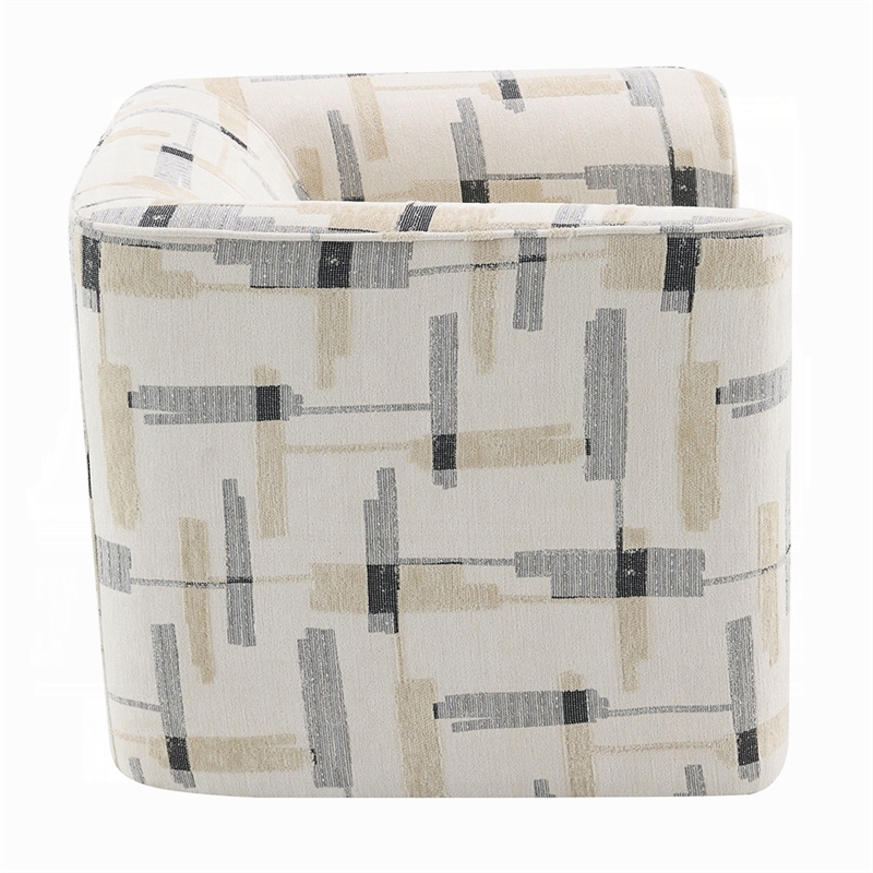 Benjara Lenu Swivel Accent Sofa Chair- Beige Pattern Fabric- Boxy Padded Seat