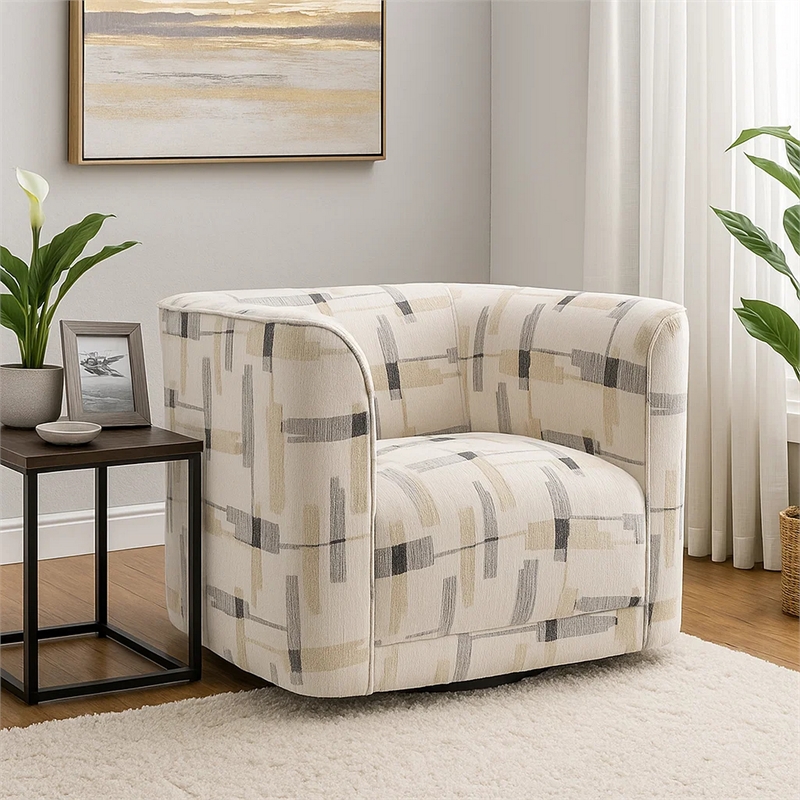 Benjara Lenu Swivel Accent Sofa Chair- Beige Pattern Fabric- Boxy Padded Seat
