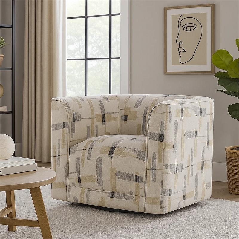 Benjara Lenu Swivel Accent Sofa Chair- Beige Pattern Fabric- Boxy Padded Seat