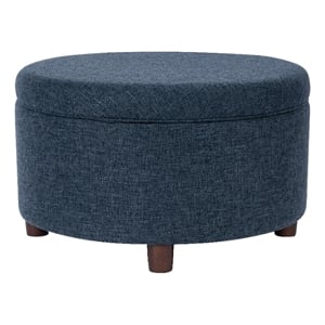 Benjara Modern Storage Ottoman- 28&quot Round Lift Top- Navy Blue Woven Fabric