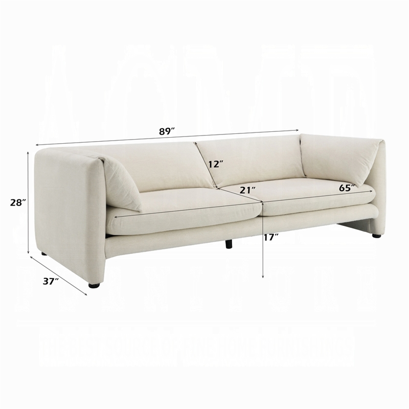 Benjara Kami Sofa- Slim Minimalist Pillow Armrests- Modern Ivory Linen 89 Inch