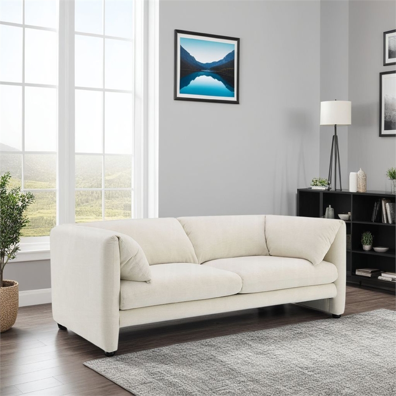 Benjara Kami Loveseat- Slim Pillow Armrests- Modern Ivory Linen- 76 Inch