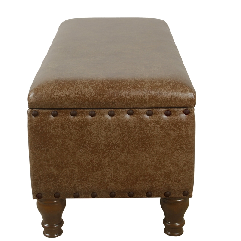 Benjara Ava Accent Storage Bench- Distressed Brown Faux Leather- 42 Inch