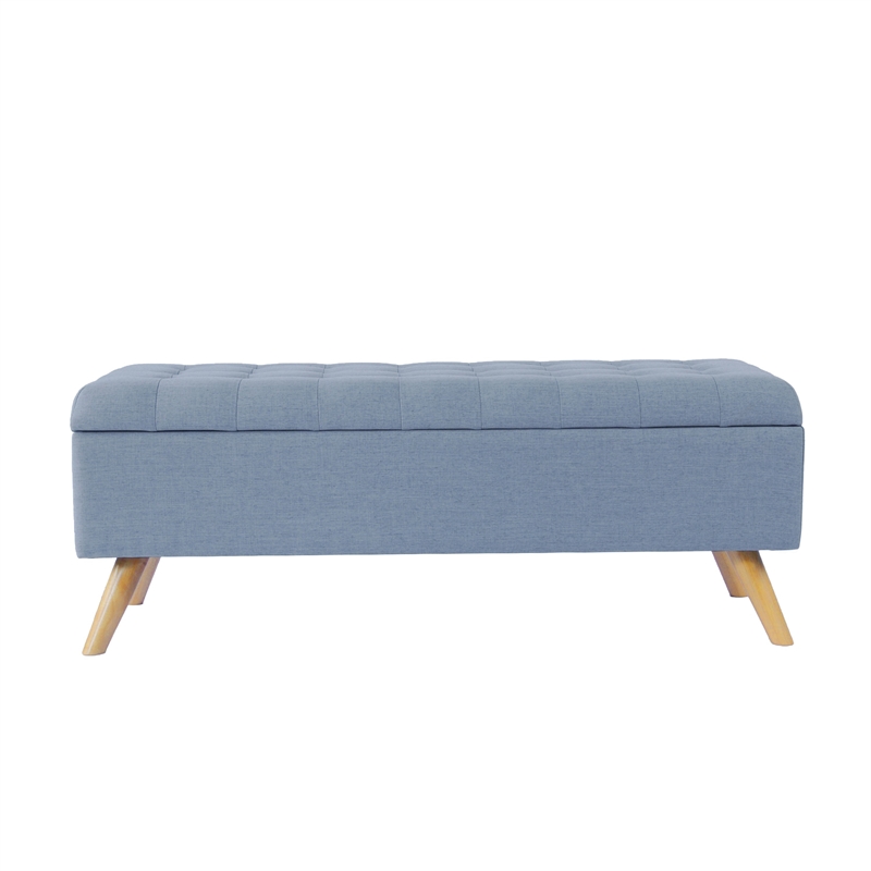 Benjara Eva Storage Bench Ottoman- French Blue Woven Polyester- Brown- 48 Inch
