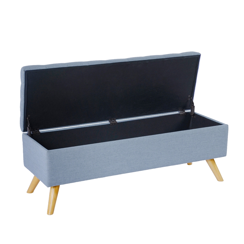 Benjara Eva Storage Bench Ottoman- French Blue Woven Polyester- Brown- 48 Inch