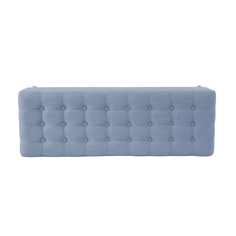 Benjara Eva Storage Bench Ottoman- French Blue Woven Polyester- Brown- 48 Inch