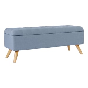 Benjara Eva Storage Bench Ottoman- French Blue Woven Polyester- Brown- 48 Inch