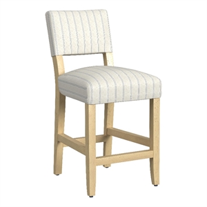 Benjara Bowo Counter Stool Chair- Cream and Blue Stripes- Brown Hardwood Legs