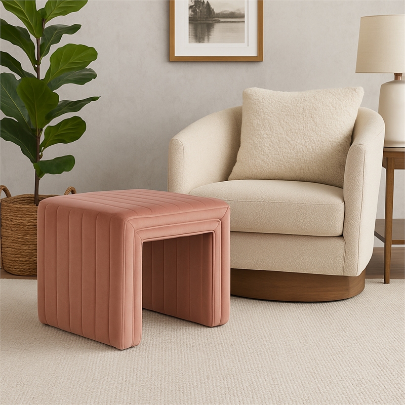 Benjara Ada Footstool Ottoman with Channel Tufted Blush Pink Velvet- 19 Inch
