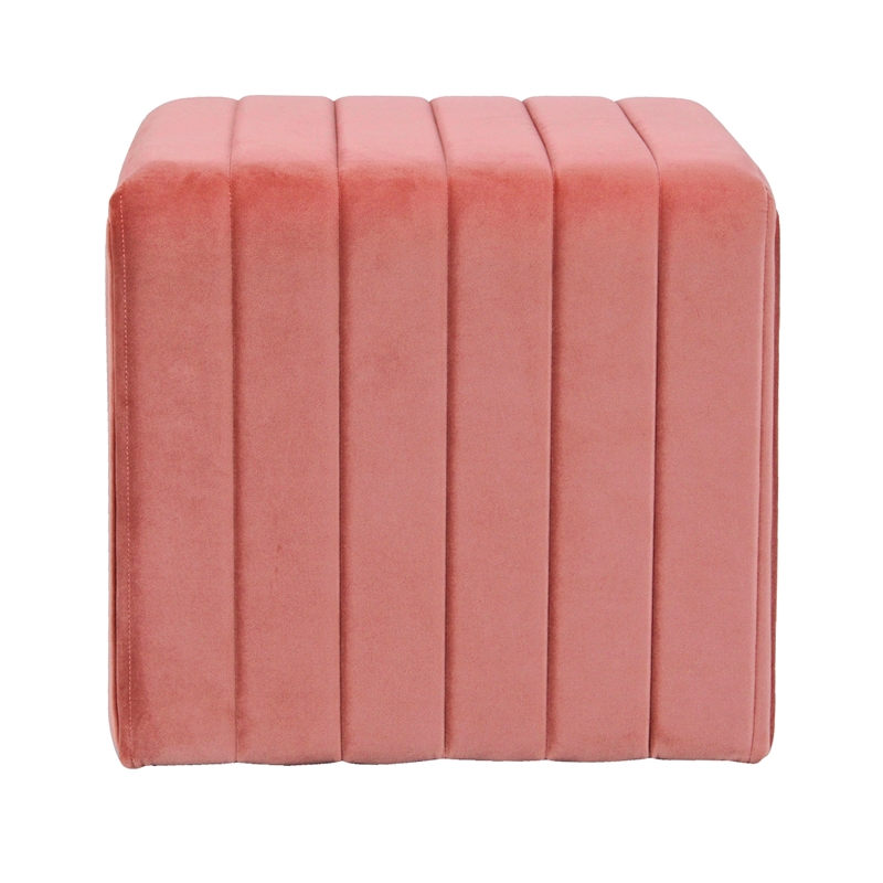 Benjara Ada Footstool Ottoman with Channel Tufted Blush Pink Velvet- 19 Inch