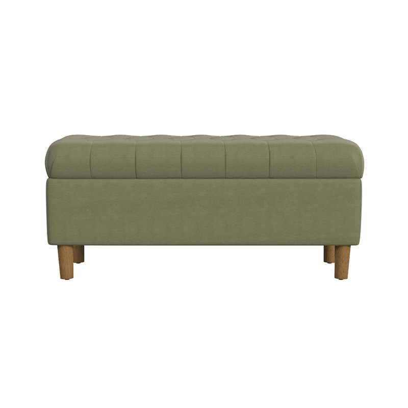 Benjara Sol Storage Bench Ottoman- Light Sage Green Velvet- Brown- 40 Inch