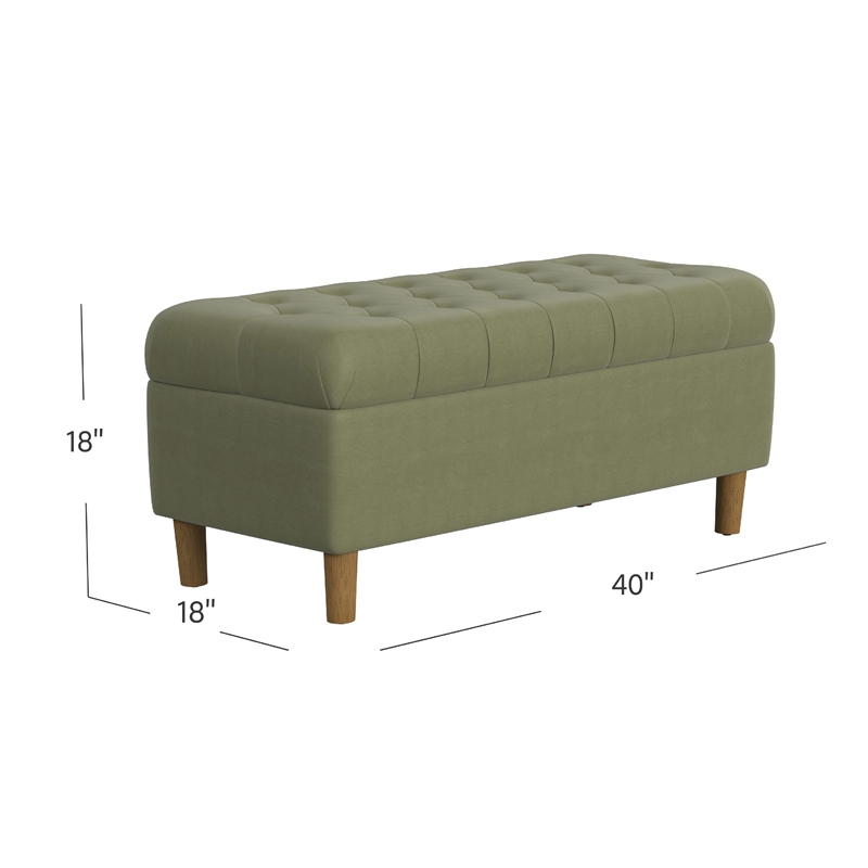 Benjara Sol Storage Bench Ottoman- Light Sage Green Velvet- Brown- 40 Inch