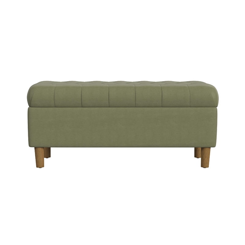 Benjara Sol Storage Bench Ottoman- Light Sage Green Velvet- Brown- 40 Inch