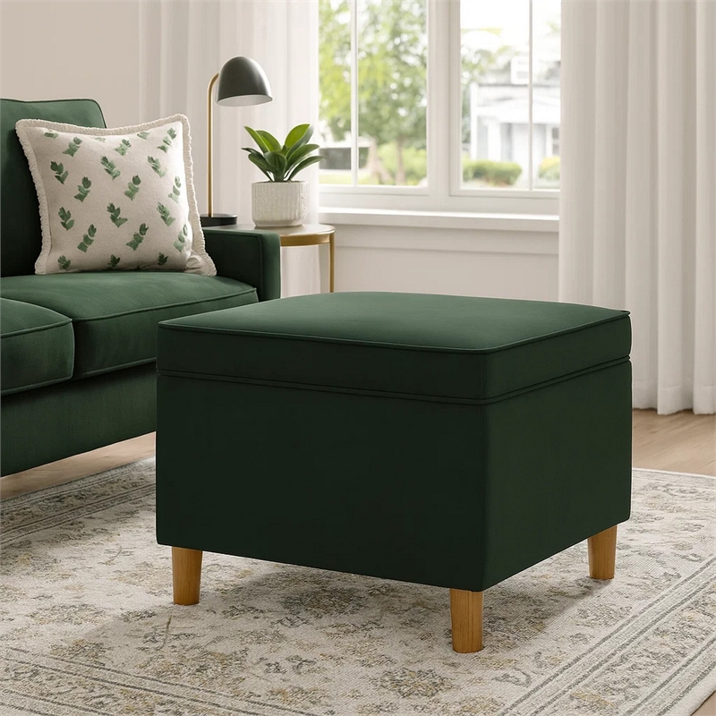 Benjara Fero Storage Ottoman- 24in Rectangular Hinged Lid- Forest Green Velvet
