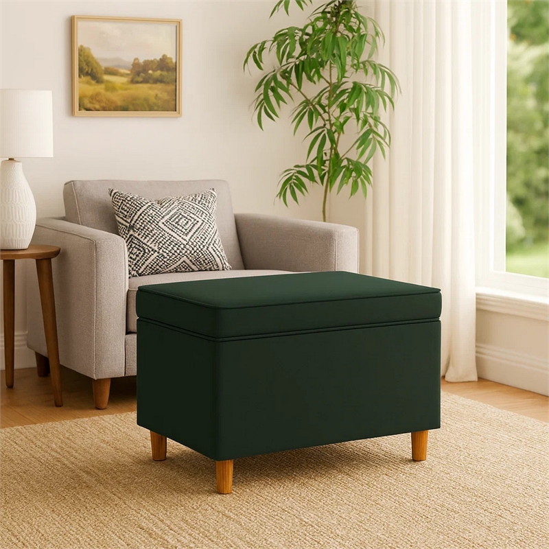 Benjara Fero Storage Ottoman- 24in Rectangular Hinged Lid- Forest Green Velvet