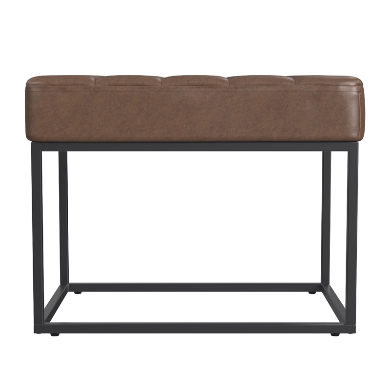 Benjara Kai Ottoman Footstool- Dark Brown Faux Leather- Black Metal- 22 Inch