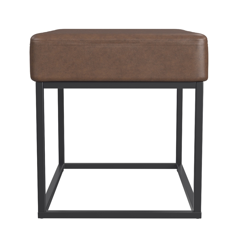 Benjara Kai Ottoman Footstool- Dark Brown Faux Leather- Black Metal- 22 Inch