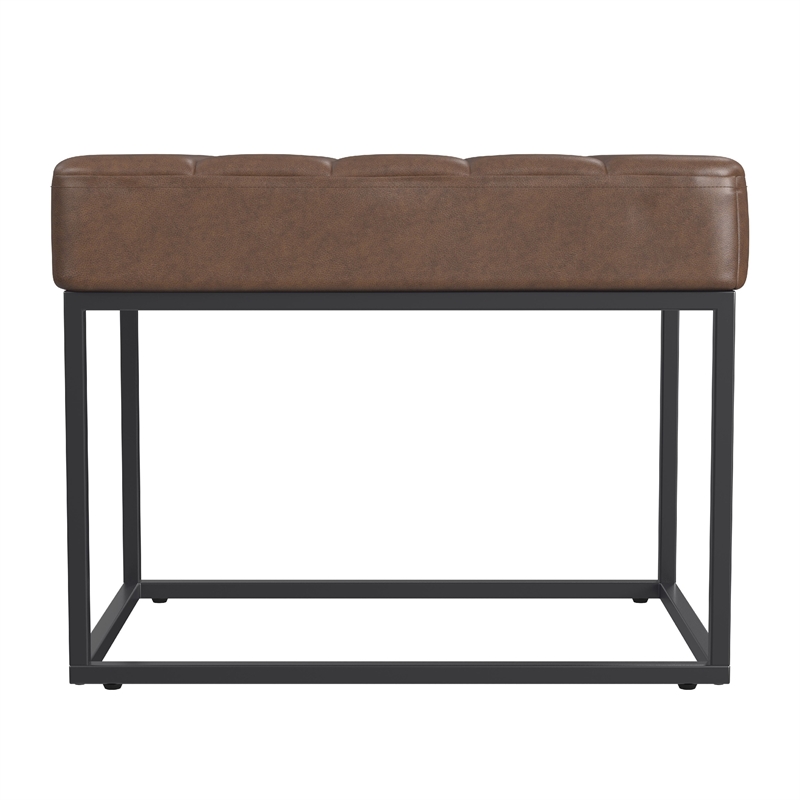 Benjara Kai Ottoman Footstool- Dark Brown Faux Leather- Black Metal- 22 Inch
