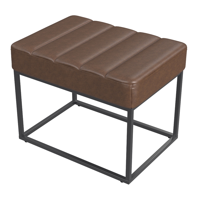 Benjara Kai Ottoman Footstool- Dark Brown Faux Leather- Black Metal- 22 Inch
