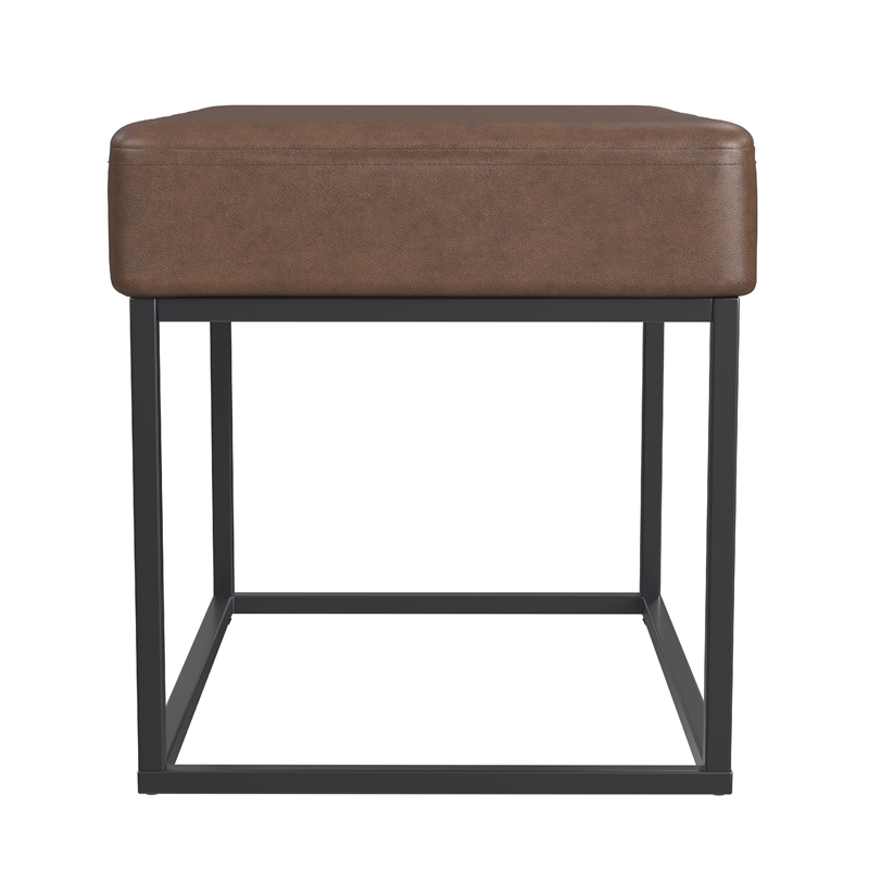 Benjara Kai Ottoman Footstool- Dark Brown Faux Leather- Black Metal- 22 Inch