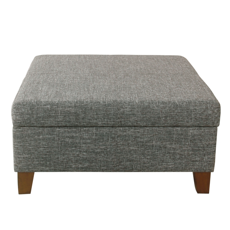 Benjara Leo Square Storage Ottoman- Textured Slate Gray- Dark Brown- 32 Inch