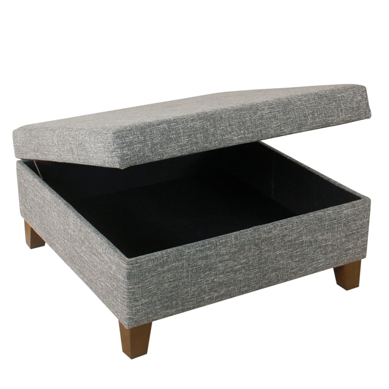 Benjara Leo Square Storage Ottoman- Textured Slate Gray- Dark Brown- 32 Inch