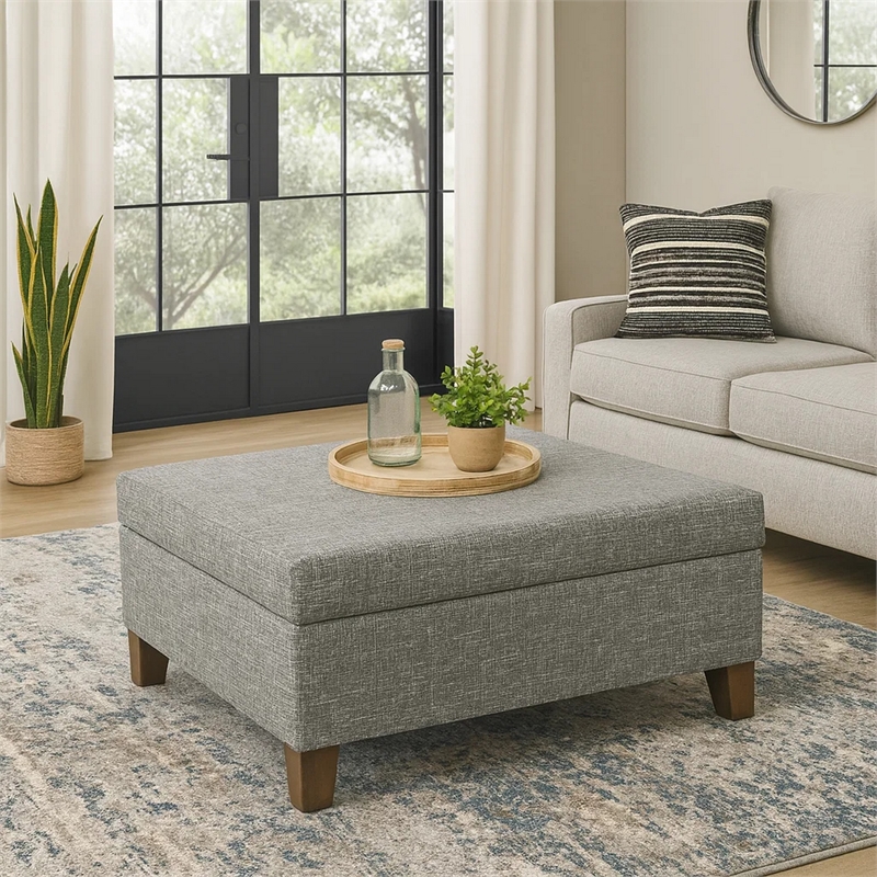 Benjara Leo Square Storage Ottoman- Textured Slate Gray- Dark Brown- 32 Inch