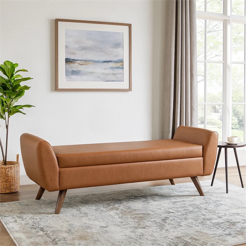 Benjara Rae Storage Bench Ottoman with Arms- Brown Faux Leather- Wood- 60 Inch